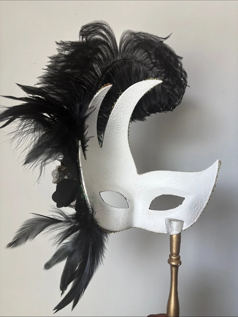 Gold and Black Feathered Venetian Handheld Mask